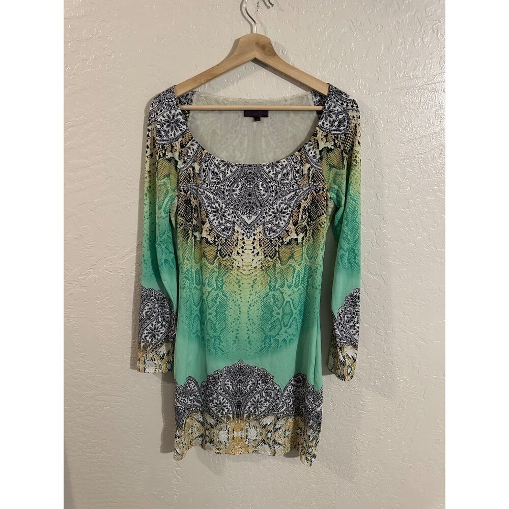 Y Hale Bob Long Sleeve Paisley Python Leopard Snake Print Mini Shift Dress